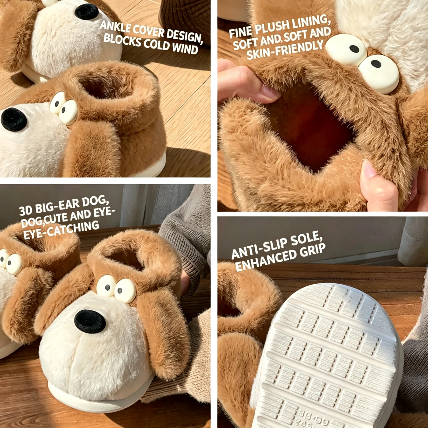 Koreanischer Stil, niedliche Welpen-Hausschuhe aus Plüsch, Damen, Winter, warm, mit weicher Sohle, für drinnen, flauschig, rutschfest, Hausschuhe. – Detail 23