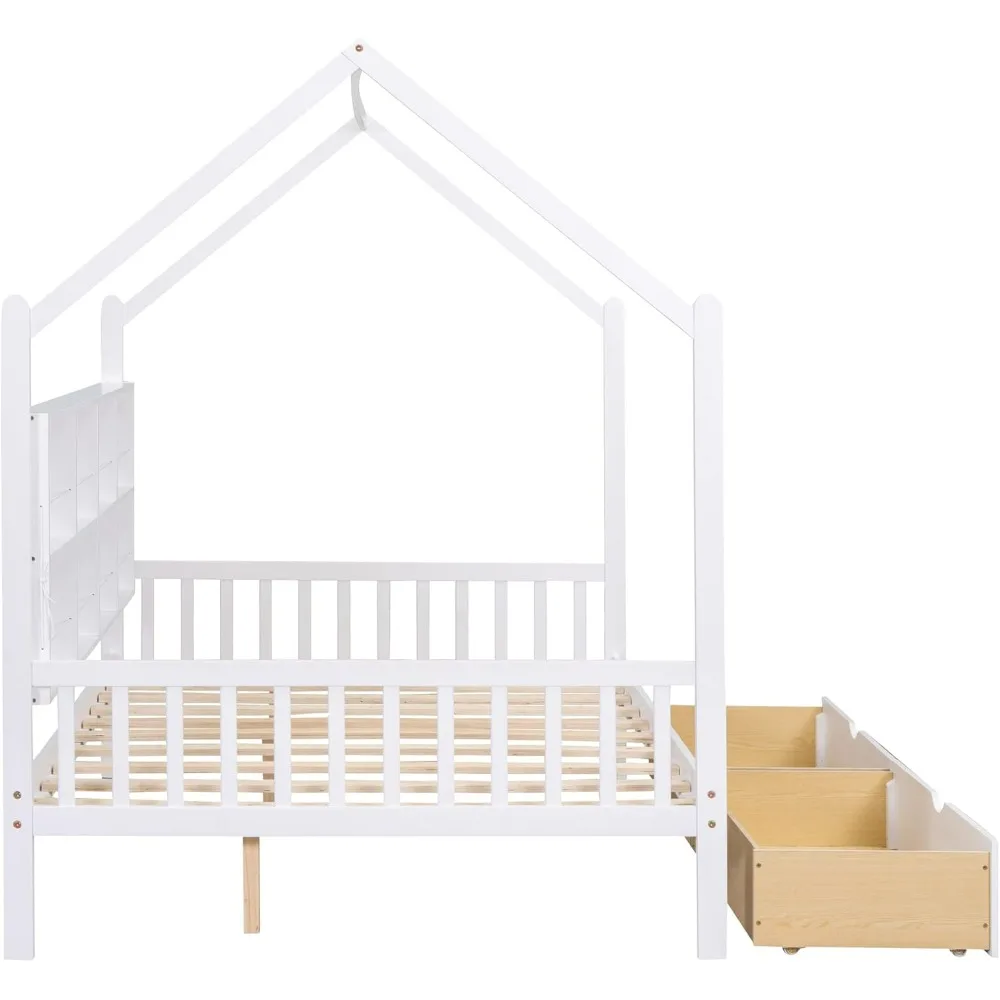 Cama de casa de tamaño completo con cajones y estantes de almacenamiento, marco de cama de madera para casa de niños con techo, camas de casa de juegos Montessori para niños