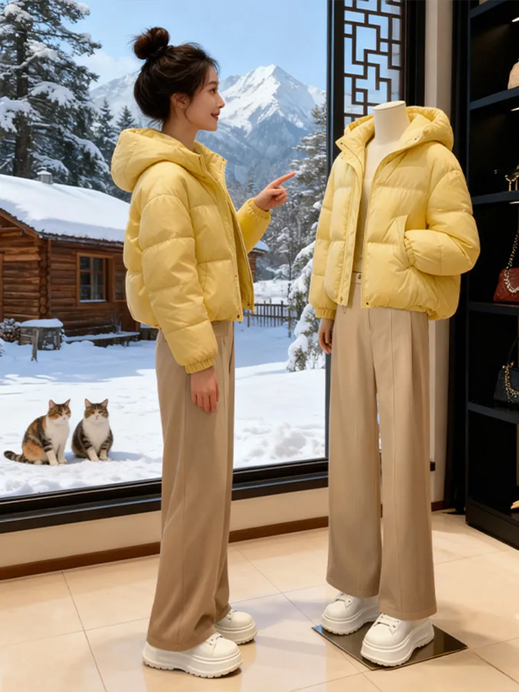 

Korean Sle ort Hatl Winter Faion Set High Waist Wide Leg Pants Thiened Warm Cotton down Jaet Two-Piece Suit