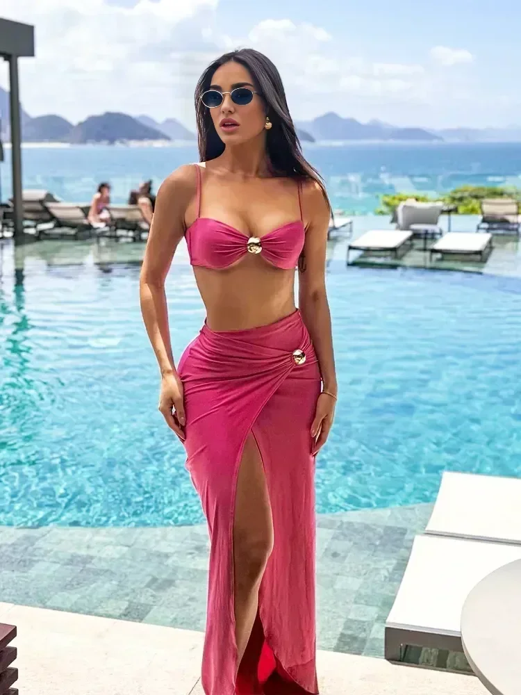 

2025 Women 3 Piece Bikini Sets Spaghetti Strap Swimsuits Sexy High Split Beachwear Long Skirt Bathing Suit Vacation Wear K92