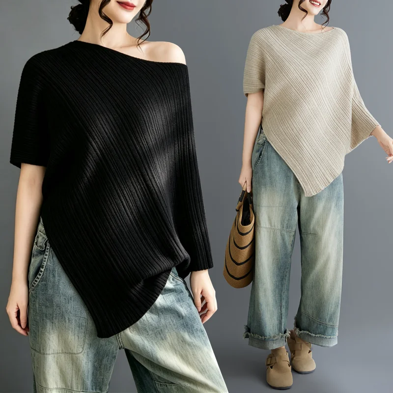 Irregular Knitted Sweater Women's Spring Autumn New Large Size Fat MM Outerwear Overhead Shoulder Shawl Top Female Fashion