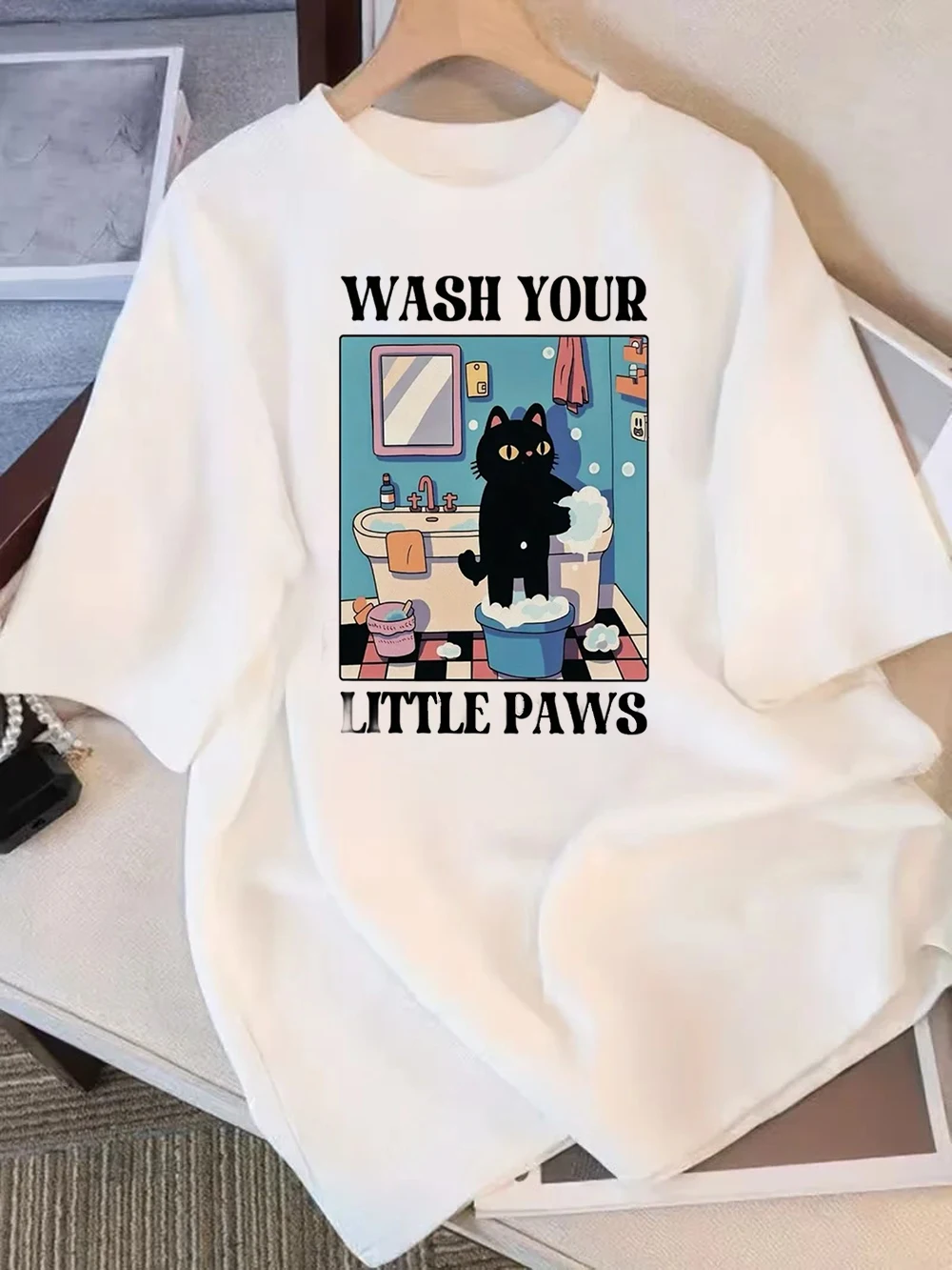 Korean Style Are You Pooping Cat Short-sleeved T-Shirt Tee Funny Animal Graphic Top Trendy Ins Aesthetic Wear for Men & Women