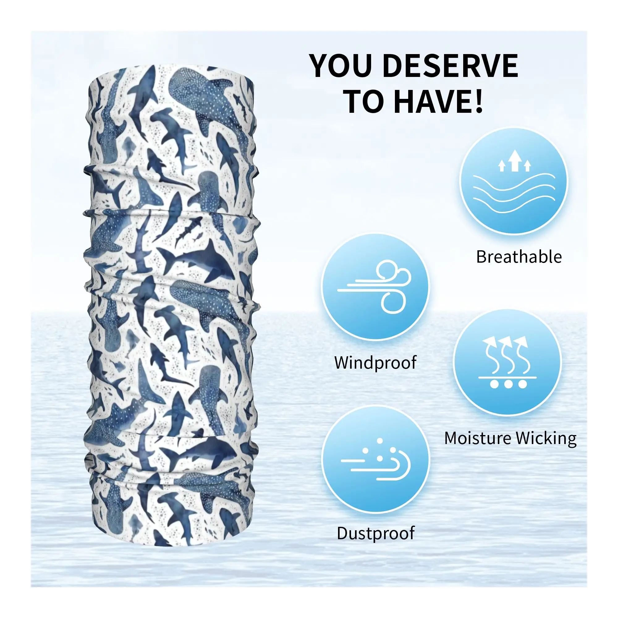 Custom Blue Watercolour Shark Bandana Neck Gaiter Windproof Face Scarf Cover Men Women Cartoon Fierce Headwear Tube Balaclava view 3