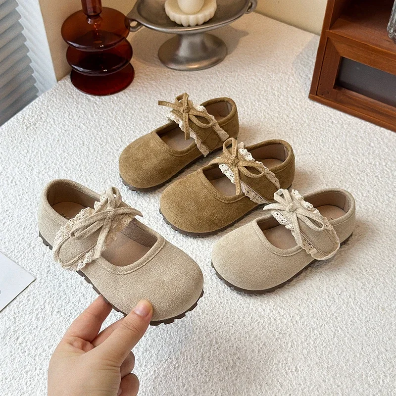 

Kids Flat Shoes Round Toes Soft Sole Girls Moccasins Sweet Lace Bow 2025 New Fashion Children Leather Shoes Pu Comfort Ins Trend