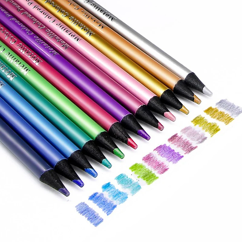 12 Color Metallic Colored Pencils Drawing Sketching Set Coloring Colour Pencils Profession Art Stationery Supplies For Artist