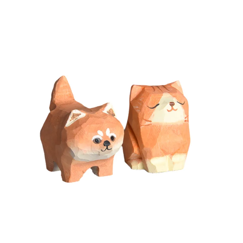 Handmade Solid Wood Carving Wood Carving Shiba Dog Ornaments Cat Creative Animal Tabletop Car Decoration Couple Gifts