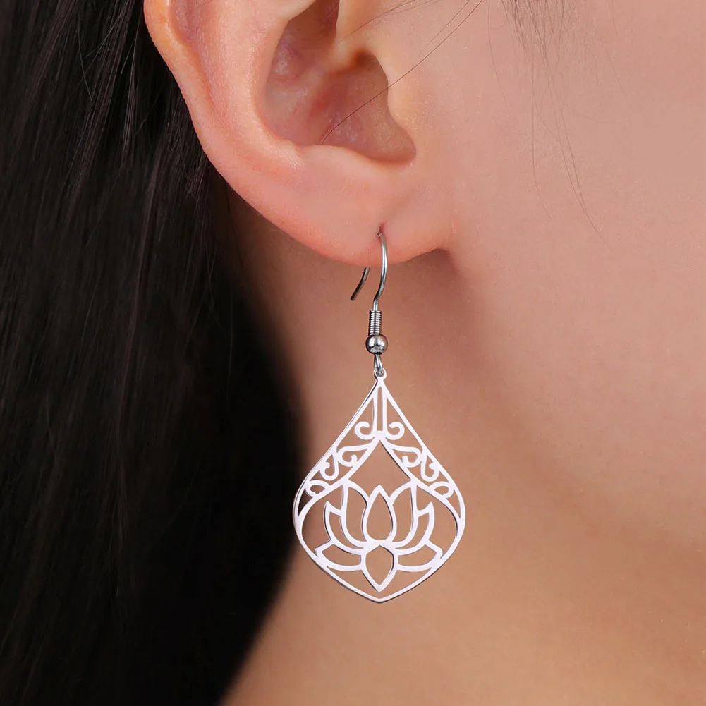 COOLTIME Lotus Flower Earrings Stainless Steel Drop Dangle Women's Earring Yoga Buddhism Jewelry Gifts Amulet Wholesale