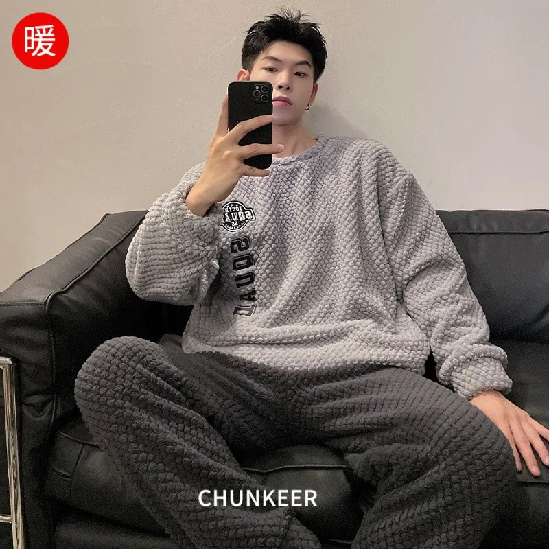 

Large Size Coral Fleece Pajamas Men Winter Cartoon Thicken Homesuit Soft Flannel Warm Sleepwear Pullover Trousers Two-piece Set