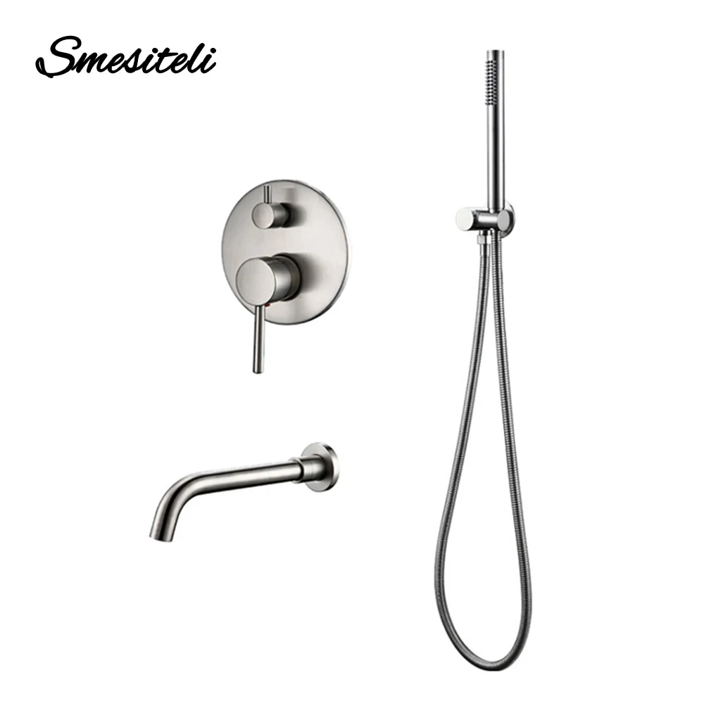 Smesiteli Brushed Stainless Steel Solid Brass Shower Head Hand Sprayer 2 Ways Hot Cold Mixing Bathroom Faucet Shower Kit