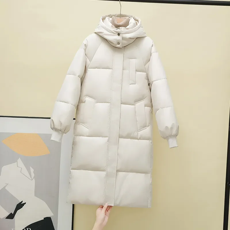 Women Clothing Parkas Loose Long Padded Jacket Winter Black Hooded Thick Down Cotton below the knees Coat