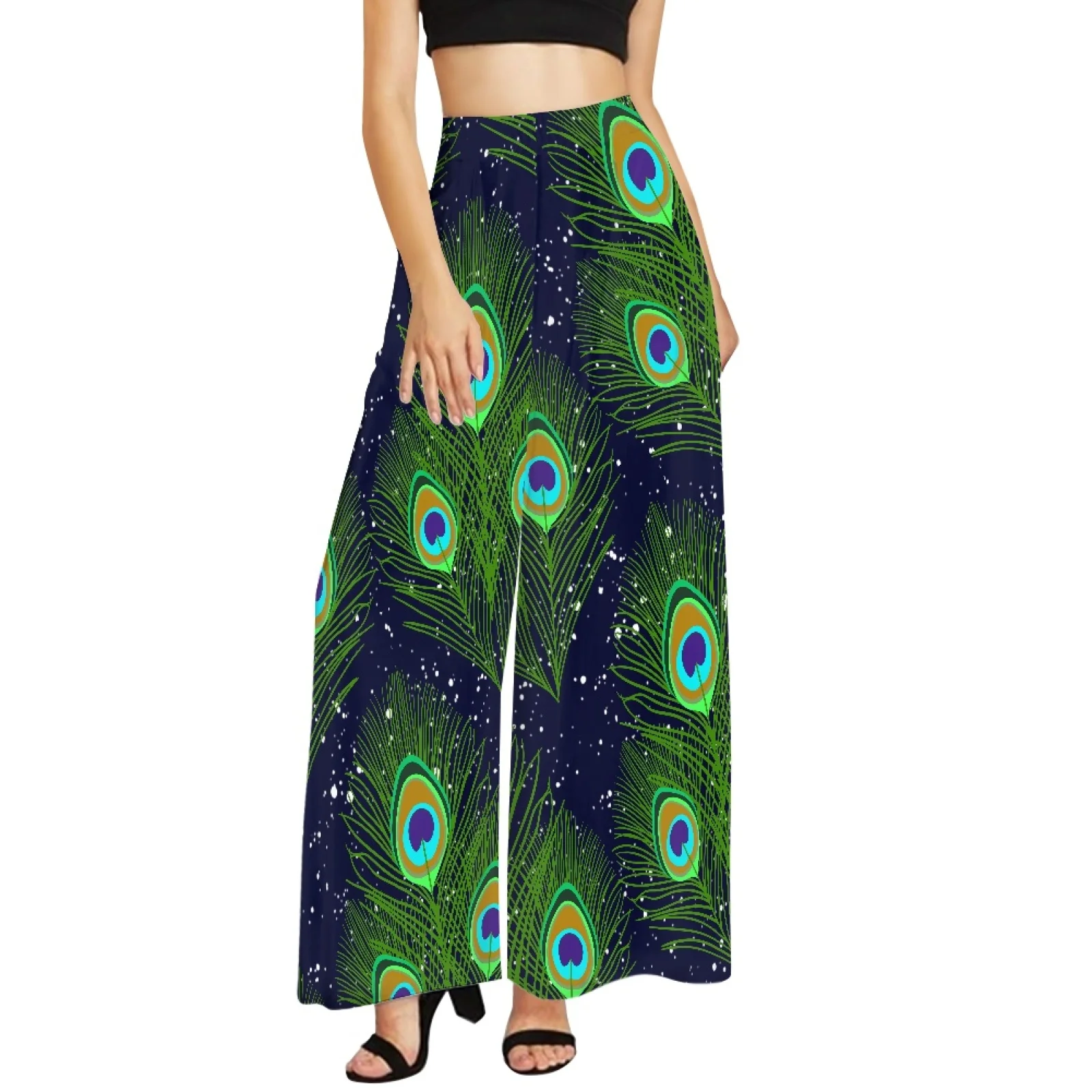 

Summer Hawaii Colorful Feathers Print Wide Leg Pants Women Elasitic High Waist Sweatpants Ladies Loose Drawstring Long Pants