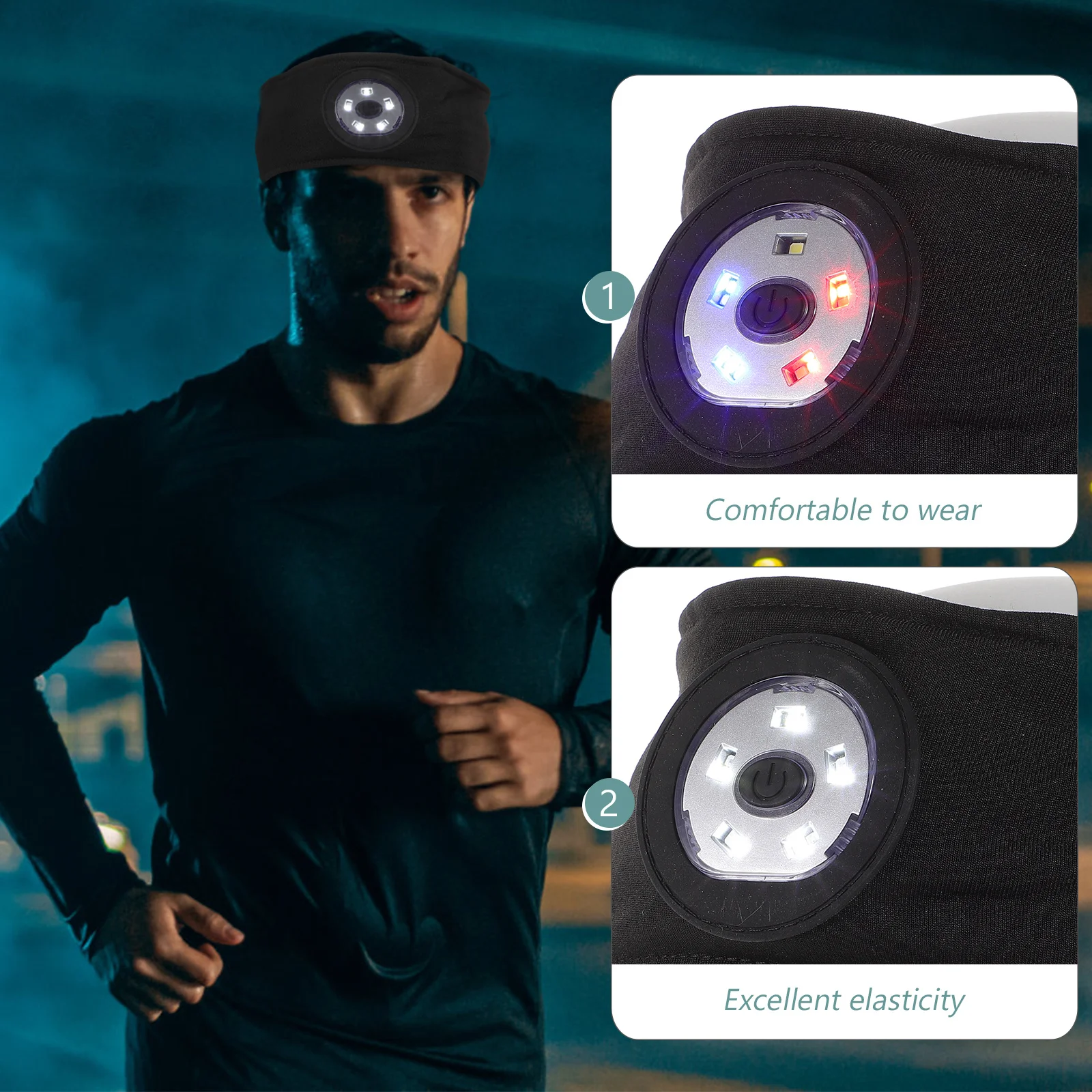2 Stück LED-Stirnbänder, wiederaufladbar, USB-Laufschweißbänder, Unisex, Sport, Workout, Fitness, schweißabsorbierendes elastisches Band