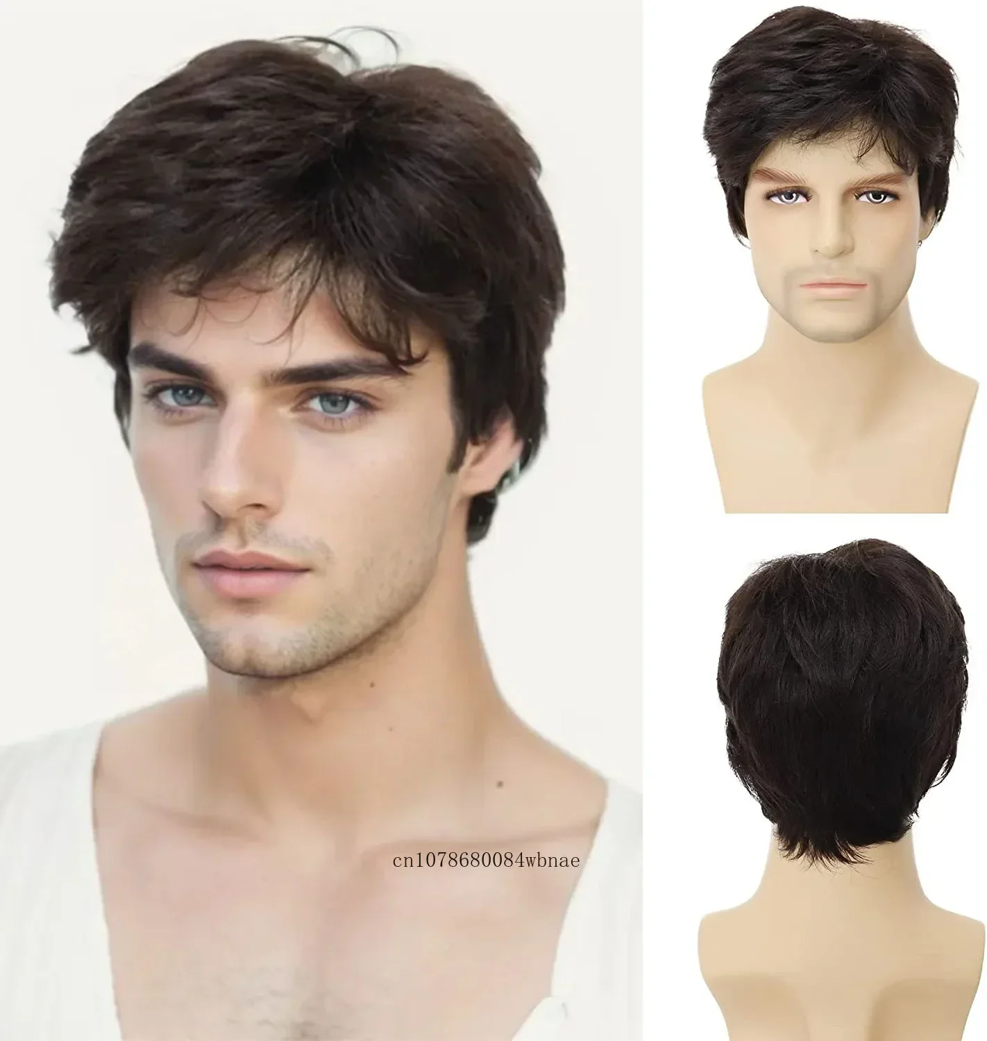 Mens Wig with Bangs Synthetic Hair Short Layered Wigs Natural Brown Handsome Male Wig Fathe Gifts Daily Party Use Heat Resistant