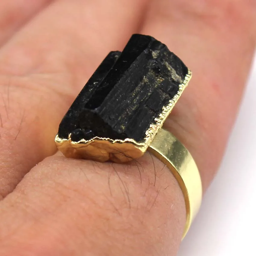 Trendy-beads Yellow Gold Color Resizable Irregular Shape Black Tourmaline Crystal Stone Men Ring For Father\'s Day Gift Jewelry
