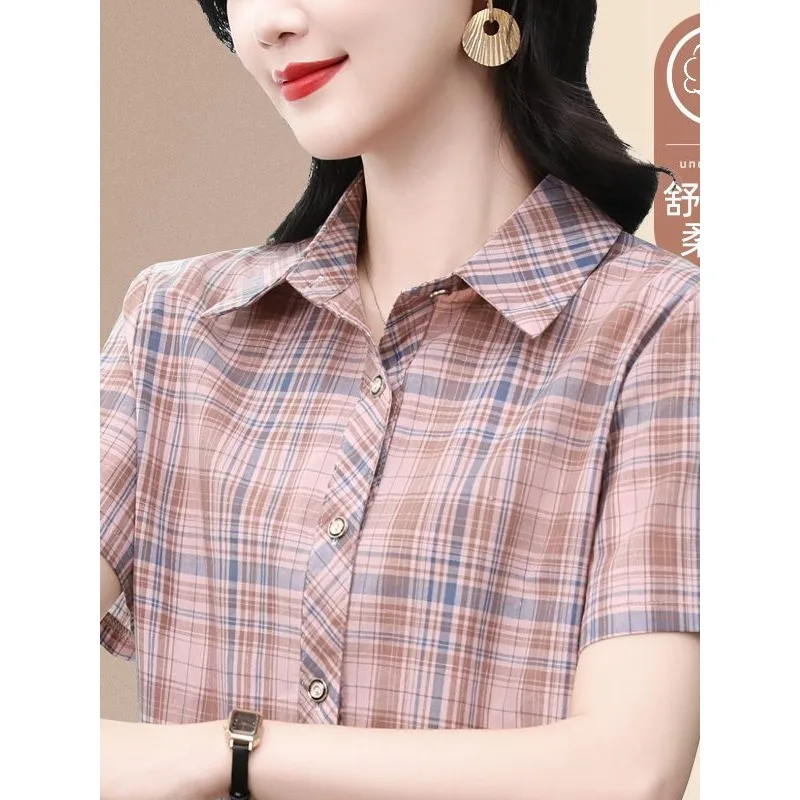 

Slim Fit Short Sleeve Plaid Shirt Women's Thin New Summer Fashionable Mom's Turn-down Collar Top Breathable Cool Sensation Shirt