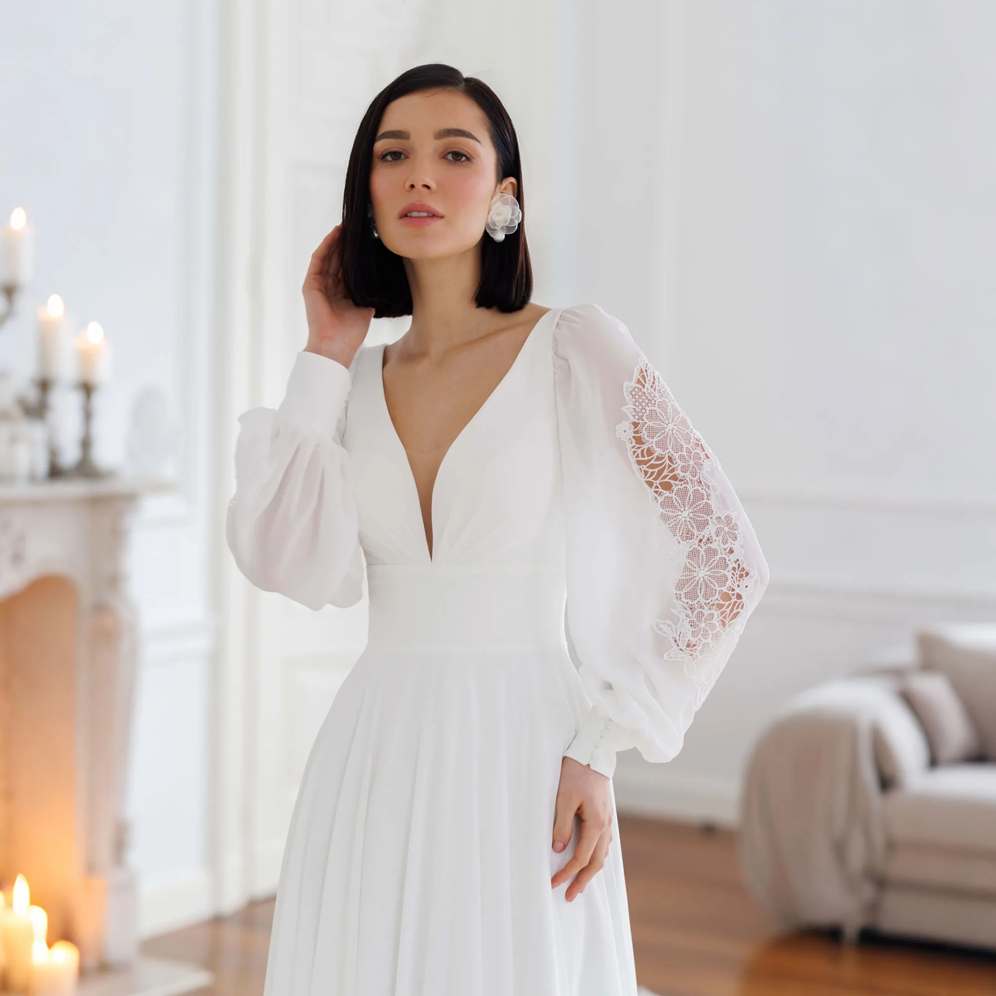 Vestido de Novia Boho de Gasa MCDV 2026 con Apliques, Espalda Descubierta, Mangas Abullonadas, Corte A, Color Marfil, Vestido de Novia Civil PersonalizadoMCDV Chiffon Boho vestido de novia 2026 Applique sin espalda man