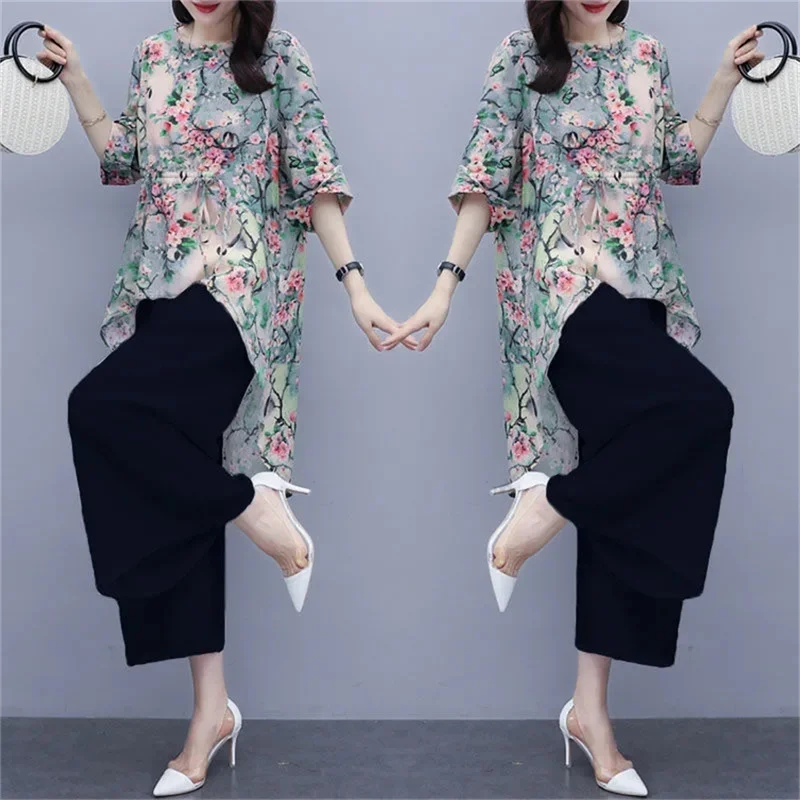 Single/Sets 2024 Summer New Female Korean Fashion Two Piece Overpants Casual Top Chiffon Wide Leg Pants Set For Women