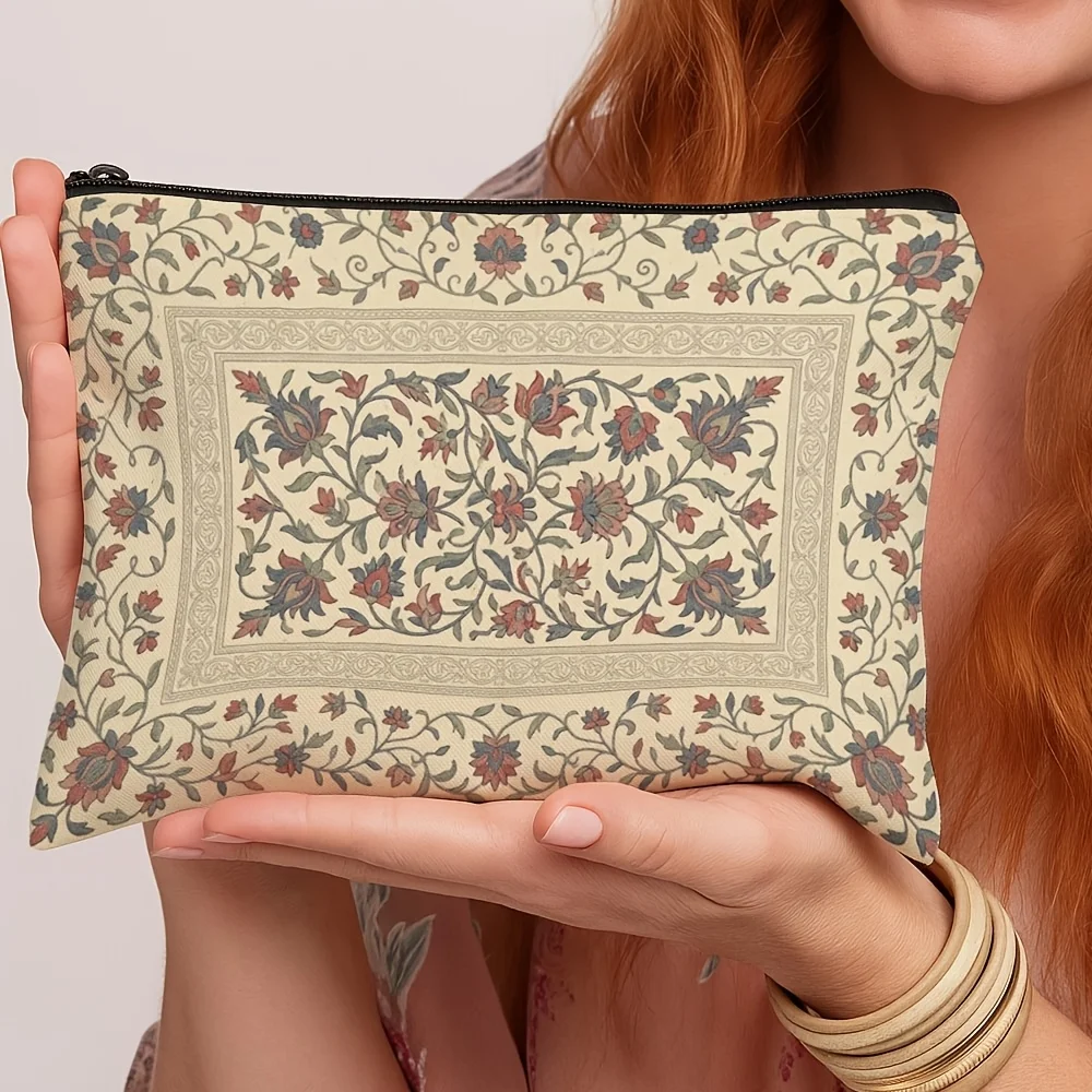 Vintage Persian Floral Zipper Pouch Antique Botanical Ornament Print Cosmetic Makeup Bag Travel Coin Purse Gift For Women