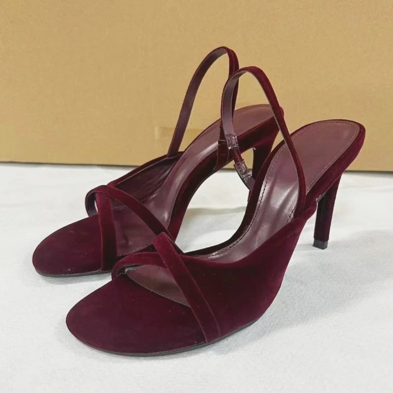 

Luxury Velvet High Heels Women Modern Sandals Open Toe Cross Tied Design Brand Elegant Evening Party Prom Dress Ladies Shoes