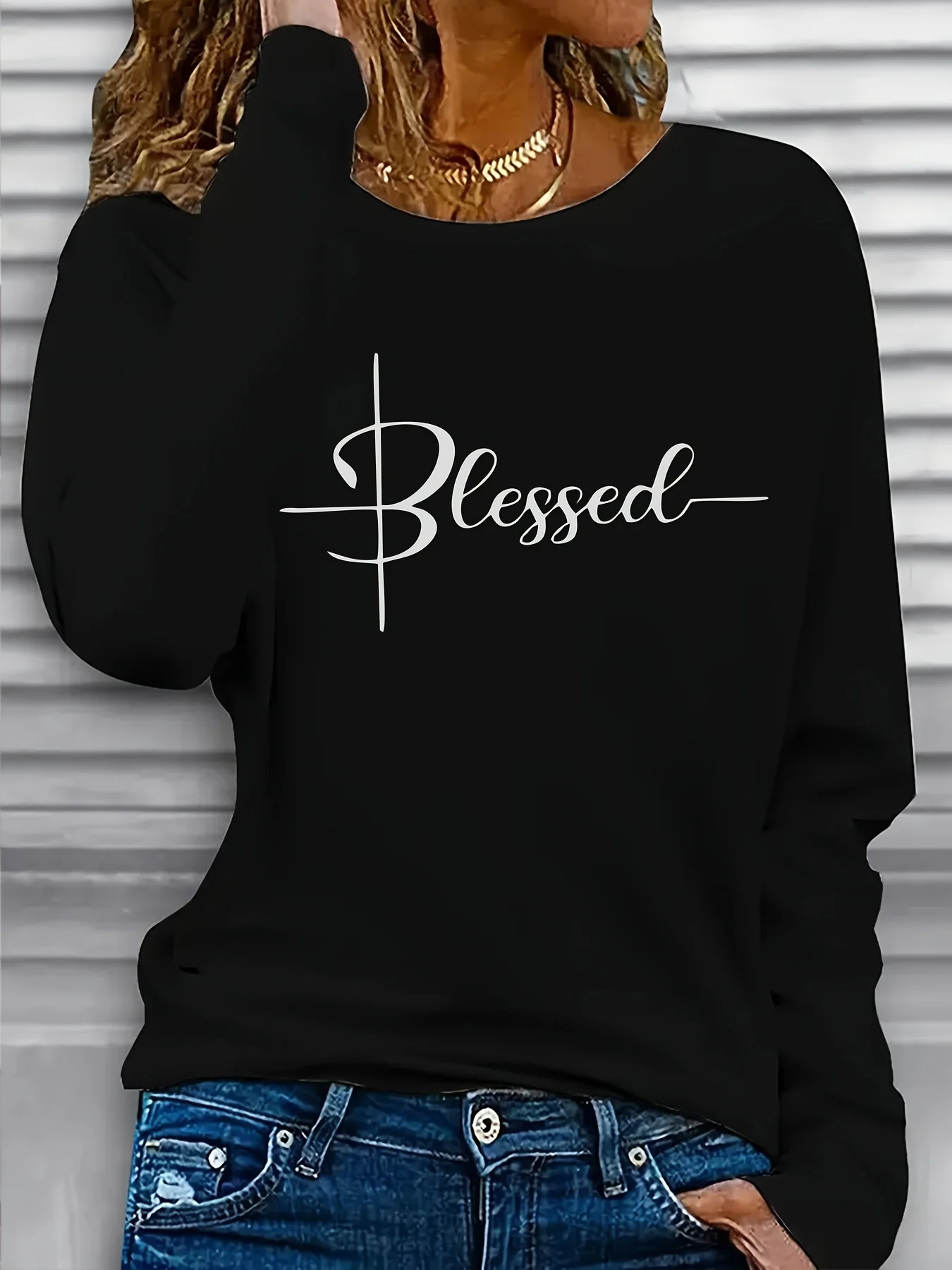 Women\'s  tshirt black long sleeve tshirt Snowman and Jesus Cross Printed T-shirt Casual Round Neck Long Sleeve Top