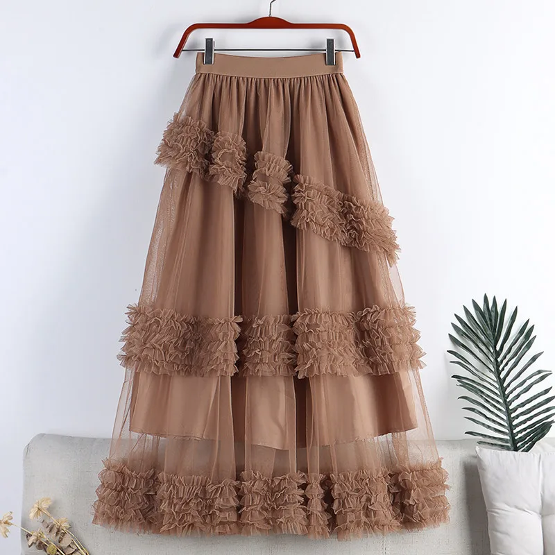 2024 Sweet Cake Tulle Skirt Women Elegant Midi Long High Waist A Line Skirt Trendy Female Winter Yellow Green Party Skirt Lady