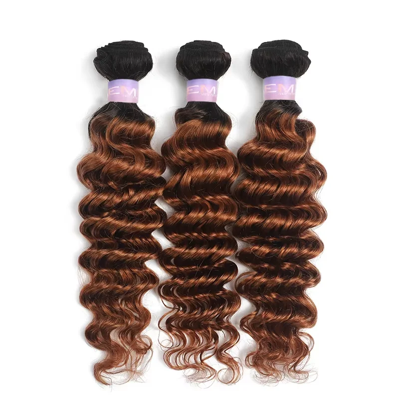 Deep Wave Bundles With Frontal Ombre Brown Colored Human Hair Weave Bundles With Closure 13X4 Brazilian Remy Hair Extension