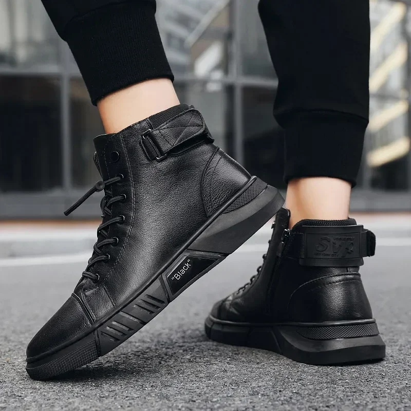 2024 Autumn Winter Fashion Men's Ankle Boots PU Leather High Quality Comfortable Black Leather Platform Casual Shoes