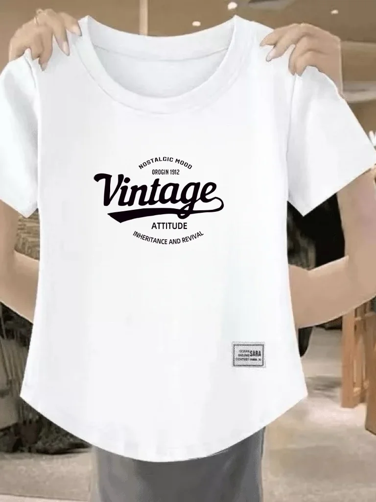 

Vintage Letter Print Short Sleeve T-Shirt Women's Loose Fit Slimming Versatile Top Polyester Fiber round Neck Summer Fashion