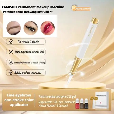 Máquina de Tatuagem Semipermanente FAMISOO, Caneta de Microblading para Tatuagem Labial, Máquina para Delineador de Olhos e Sobrancelhas, com 30 Agulhas de Brinde.