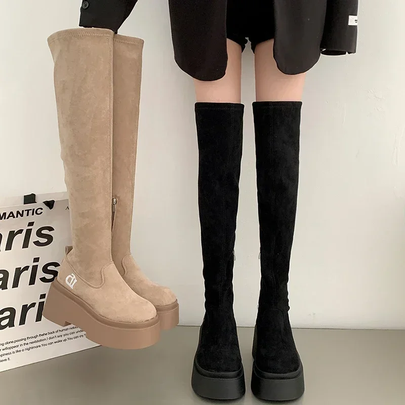 

Women Stretch Modern Over The Knee High Boots Fashion Slip On Knight Long Booties Autumn Winter Platfrom Flats Ladies Shoes