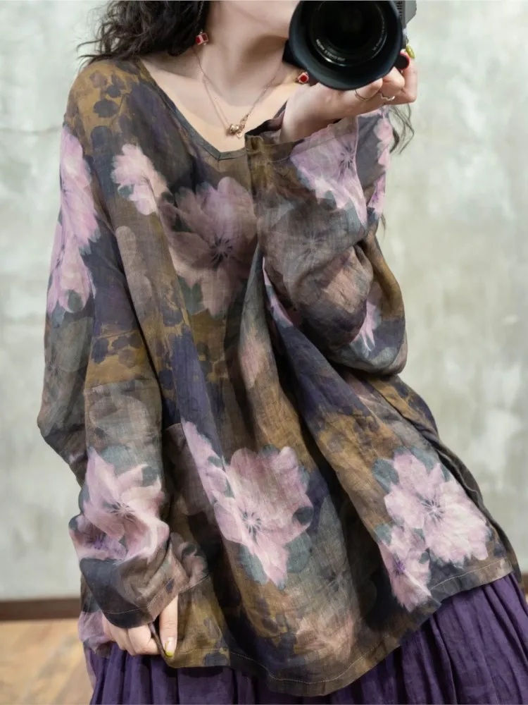 Oversized Flower Floral Print Summer Autumn V-Neck Tops Women Loose Pleated Fashion Casual Ladies Blouses Long Sleeve Woman Tops