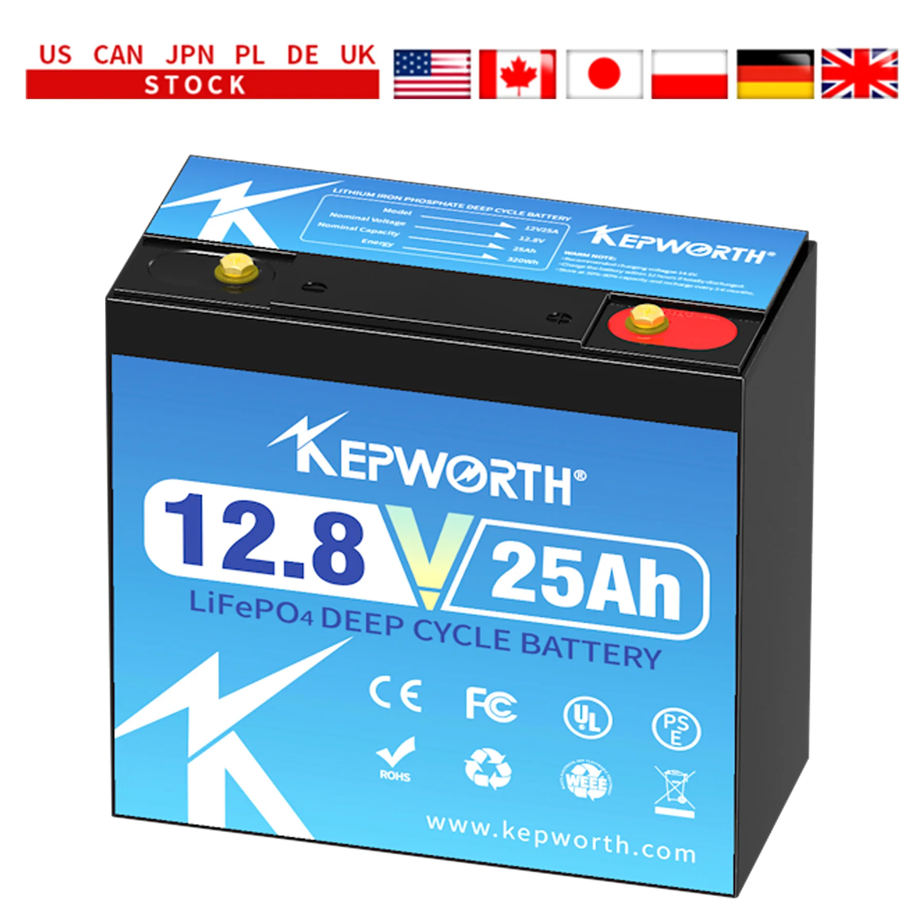 

KEPWORTH 12V 25Ah LiFePO4 Deep Cycle Rechargeable Battery Built-in BMS Support Series or Parallel Perfect for RV Kid Scooters