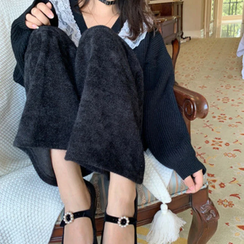 Women Fall/Winter Knitted Wide-leg Pants High-waisted Loose Drape Straight-leg Pants Slim Thickened Outerwear Casual Mink Fur