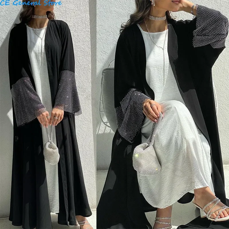 2024 New Muslim Ramadan Eid Black Open Kimono Abaya Elastic Drilling Net Shalwar Kameez Casual Loose Moroccan Gulf Women Robe