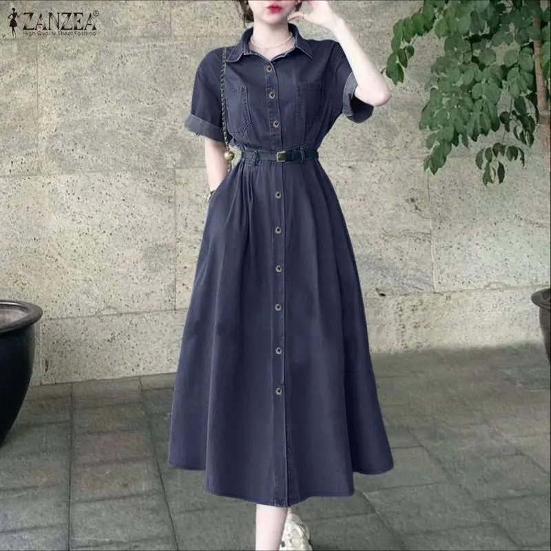 ZANZEA 2026 Spring Denim Blue Dress Women Stylish Shirt Dress Elegant Lapel 3/4 Sleeve Work Sundress Solid Robe Buttons Vestidos