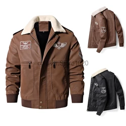 2024 Men's Bomber Motorcycle Leather Jacket Vintage Military Flight Coat Winter Faux Leather Embroidery Warm Jackets Outwear