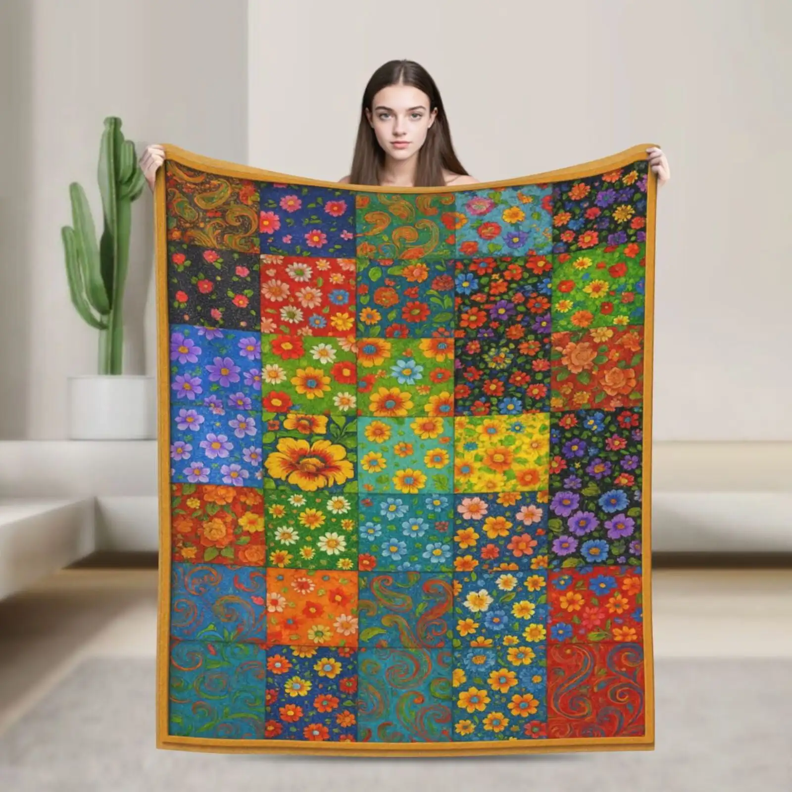 Colorful Printed Patchwork Floral Blanket, Soft Lightweight Throw for Couch and Bed, Multicolor Quilt-Inspired Design