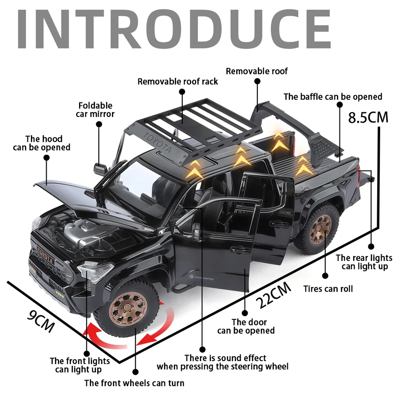 

1: 24, имитация модели автомобиля Toyota Tacoma из цинкового сплава, статическое украшение, металлический коллекционный подарочный автомобиль
