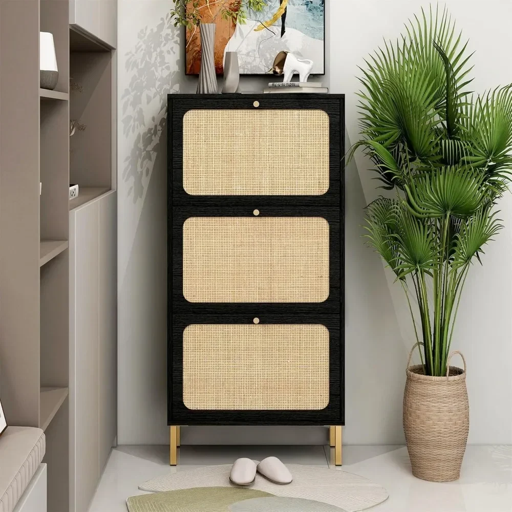 Natural Rattan Shoe Cabinet with 3 Flip Drawers, Black 3-Tier Shoe Rack Storage Cabinet for Heels, Boots, Slippers,