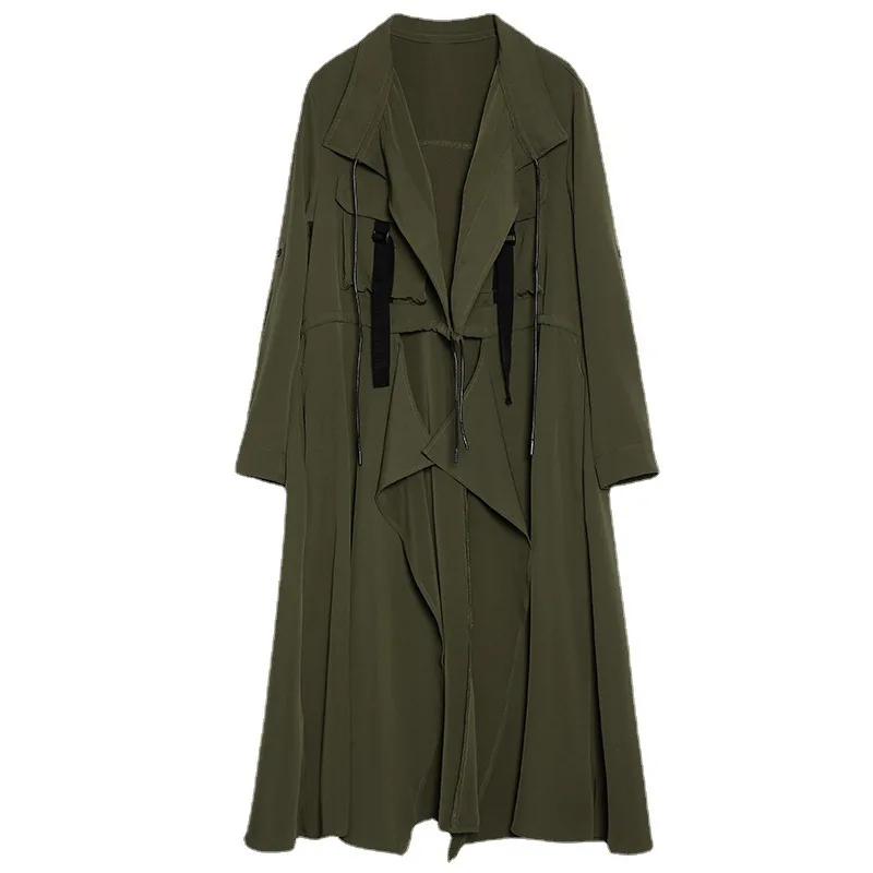 

Women Solid Trench Coats Maxi Long Jacket Full Sleeves Turn Down Collar Drawstring Pockets Loose Fit Casual 2025 Spring Autumn