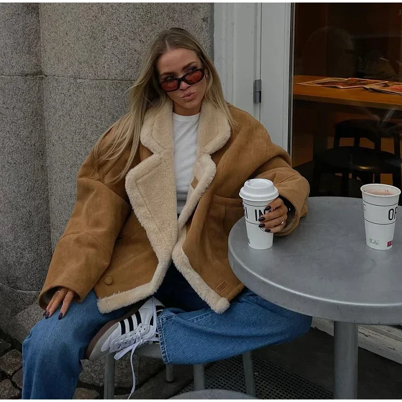 

Зимние женские уличные куртки, винтажное теплое пальто из искусственной кожи, толстое пушистое пальто с большими лацканами, женская верхняя одежда с длинными рукавами