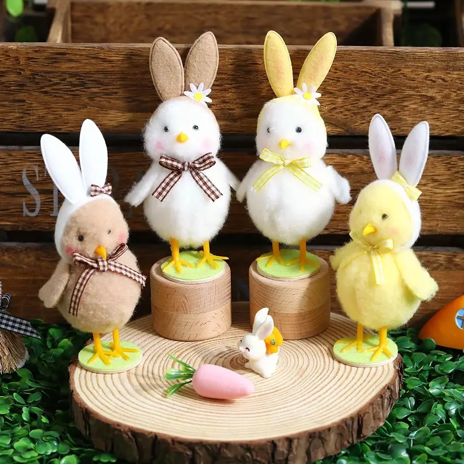 Easter Bunny Rabbit Ear Chick Plush Eggshell Standing Doll Ornament Spring Easter Home Decor Farm Theme Party Supplies Kids Gift