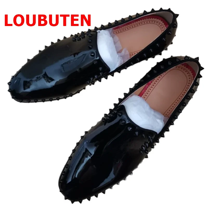 

LOUBUTEN Black Patent Leather Spikes Loafers Shoes For Men Fashion Slip On Luxury Casual Shoes Mens Dress Shoes