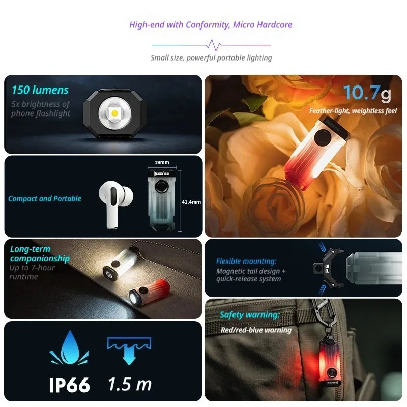 Wuben E2 Pulse Edc Flashlight Mini Heartbeat Strobe Torch Flashlight 150Lm Triple Light Source IP66 Camping Pocket Flashlights