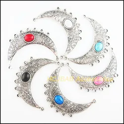 Fashion 6Pcs Tibetan Silver Tone Retro Moon Mixed Acrylic Oval Charms Connectors 41x52mm