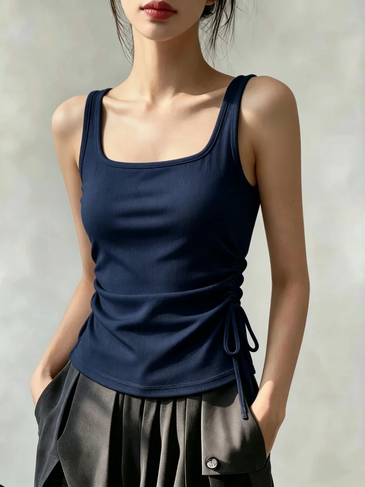 Women's 95 Cotton Strap Vest Waist Cinching Summer New Style Large Size Inner Wear Base Layer Top Drawstring Bottom Shirt