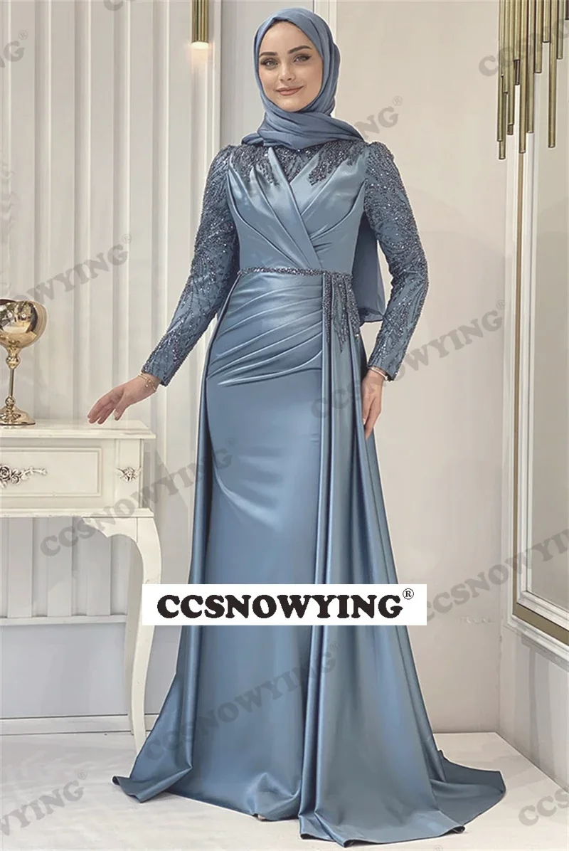 Appliques Beaded Hijab Muslim Evening Dresses Satin Long Sleeve High Neck Formal Party Gown Arabic Dubai Robe De Soiree