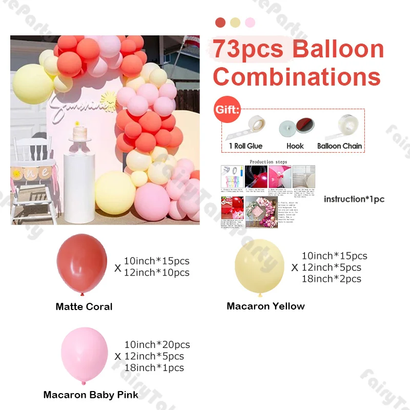 73pcs Matte Coral and Macaron Yellow Pink Balloon Decoration Set Baby Gender Reveal Birthday Party Background Decoration Balloon