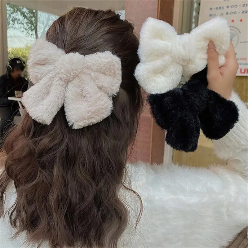 1/3Pcs Plush Big Bow Hairpins For Women Girls Solid Color Faux Fur Spring Clip Barrettes Soft Warm Bowknot Hair Clips Headwear