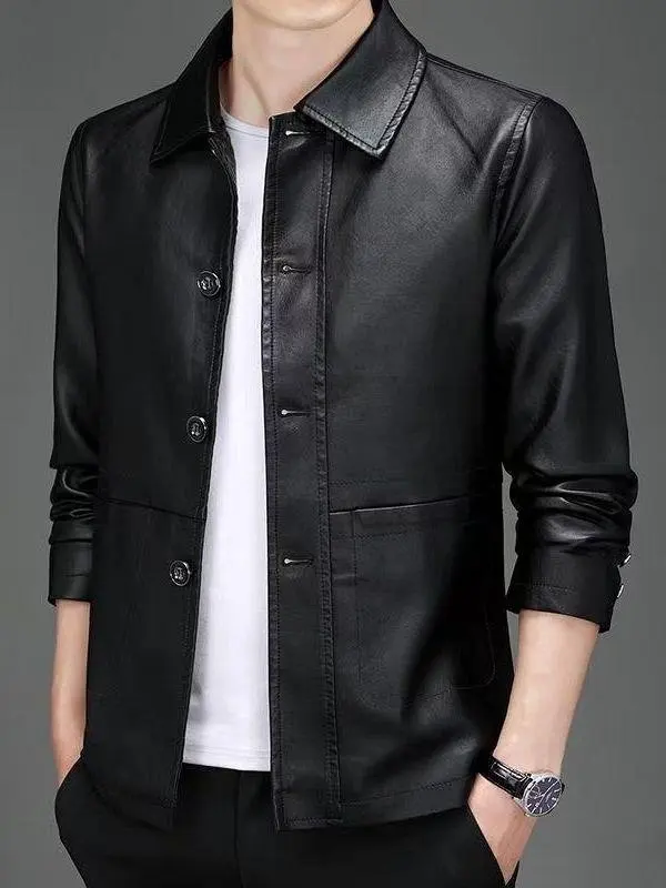 

Haining Thiened Fce Lined Casual Collar Men's Leather Jaet Mid-aged Dad High-end Spring Autumn Long Sve Double-side...